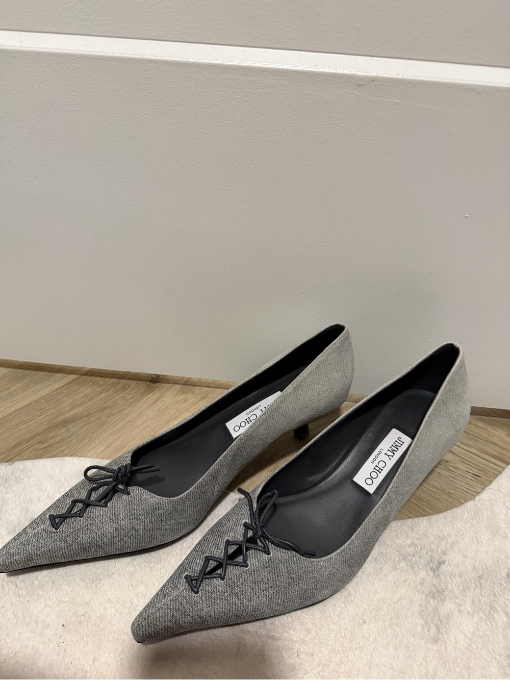 Jimmy Choo Gray Pointed Toe Low Heel Pumps with Front Lace Detail